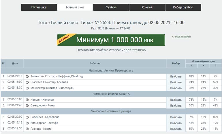 Пример тиража Мелбет тото точный счет